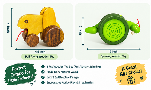 2 Pcs Wooden Pull Along Toy Combo – Animal & Snail Wooden Toys for Kids
