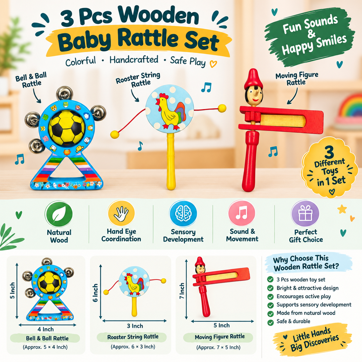 3 Pcs Wooden Baby Rattle Set – Colorful Handcrafted Rattle Toys for Kids