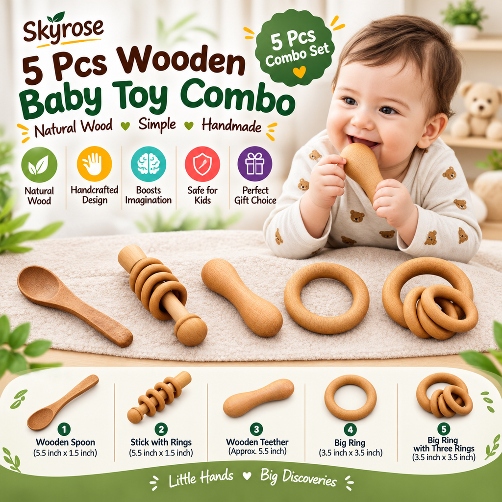 5 Pcs Wooden Baby Toy Combo – Neem Wood Teether, Ring Toys & Wooden Spoon