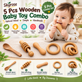 5 Pcs Wooden Baby Toy Combo – Neem Wood Teether, Ring Toys & Wooden Spoon