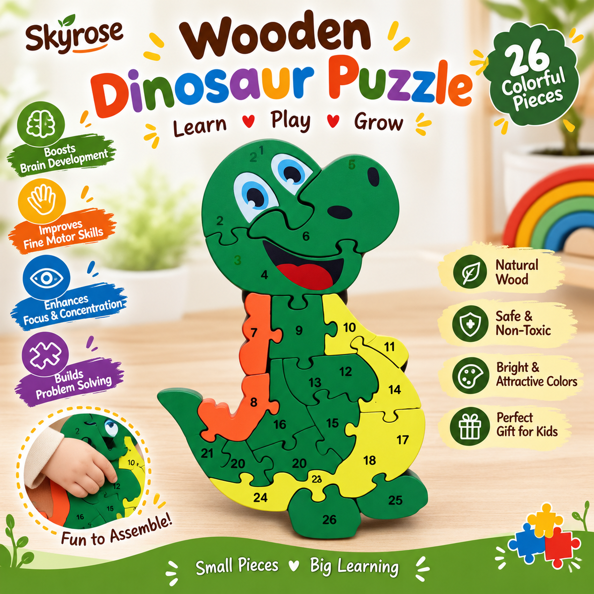 🐊Wooden Crocodile Jigsaw Puzzle – Colorful Numbered Animal Puzzle Toy