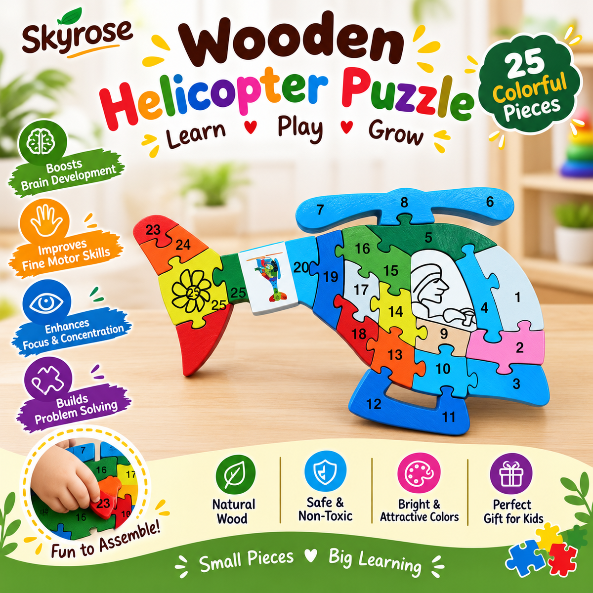 🚁Wooden Helicopter Jigsaw Puzzle – Numbered Educational Toy for Kids
