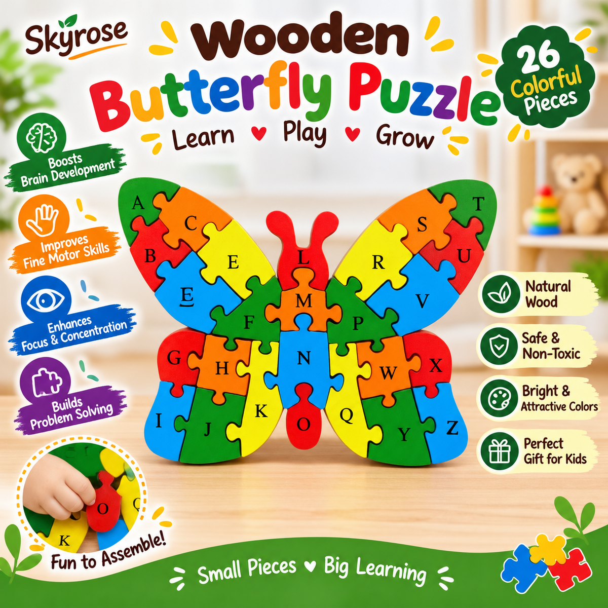 🦋Wooden Butterfly Jigsaw Puzzle for Kids – 26-Piece Educational Learning Toy