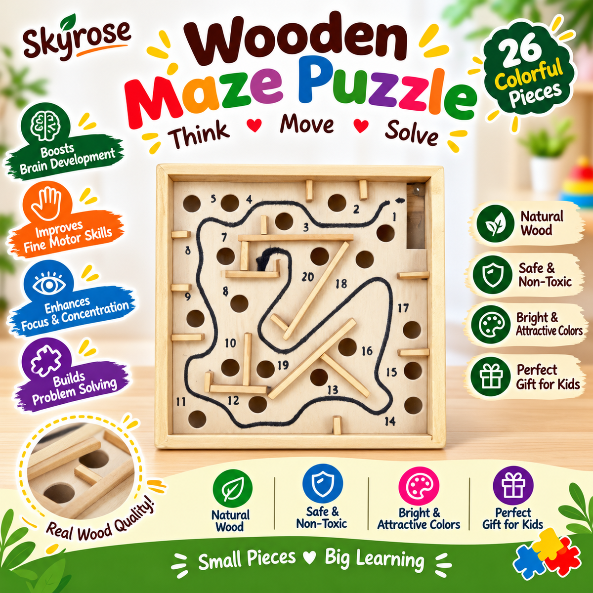 Wooden Labyrinth Maze Game 5 Inch – Metal Ball Puzzle Toy for Kids