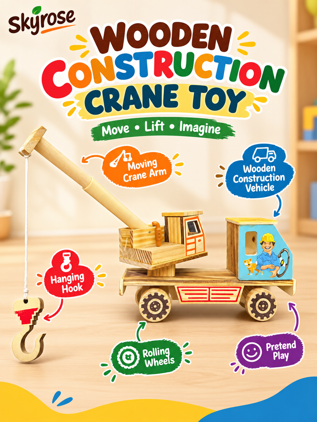 Handcrafted Wooden Crane Toy for Kids with Movable Arm & Hook