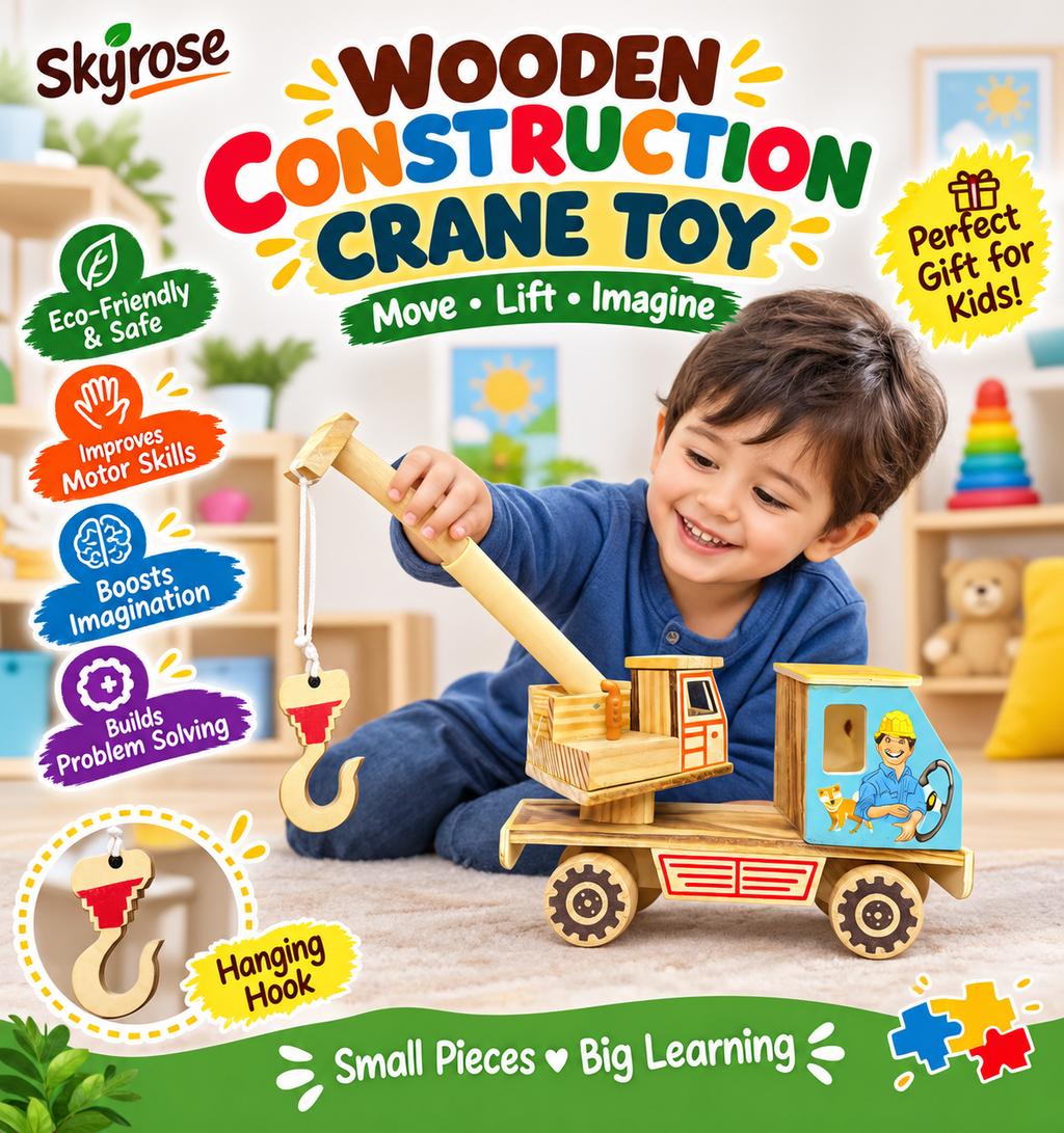 Handcrafted Wooden Crane Toy for Kids with Movable Arm & Hook