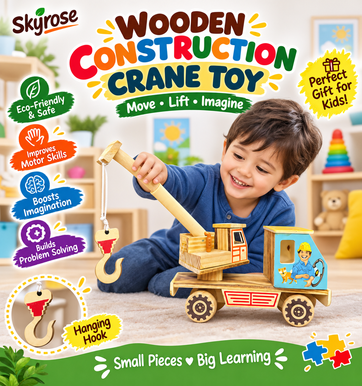 Handcrafted Wooden Crane Toy for Kids with Movable Arm & Hook