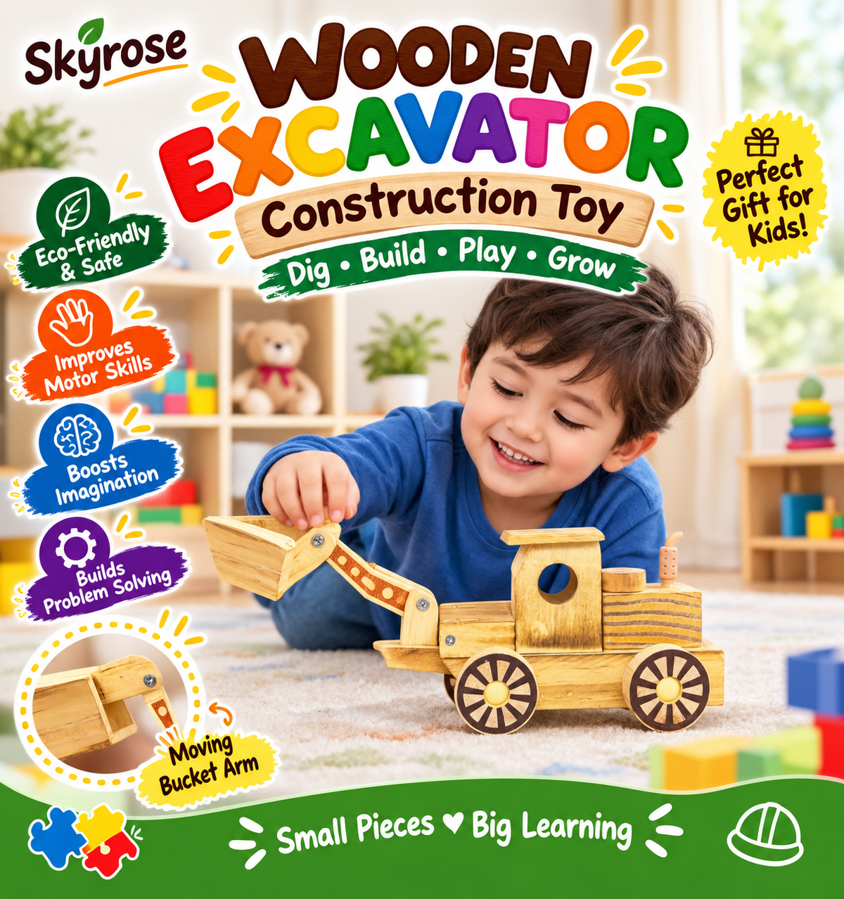 Handcrafted Wooden Construction Truck Toy with Front Loader – 10 Inch Wooden Vehicle