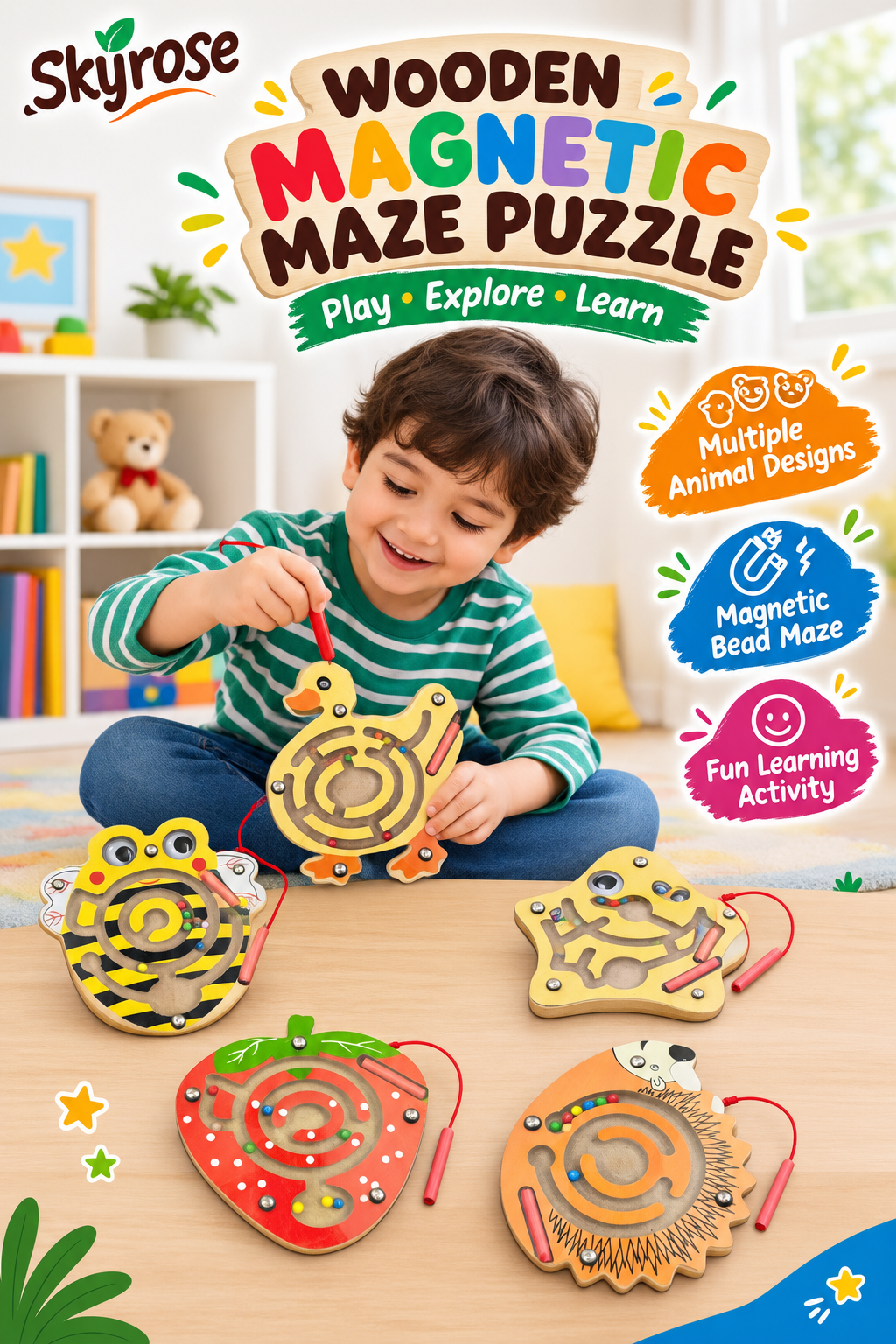 Wooden Magnetic Maze Toy for Kids – Bead Puzzle Activity Board