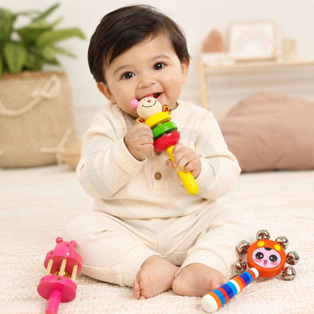 🧸3 Pcs wooden baby rattle gift set – Bell, Stack & Jingle Rattles