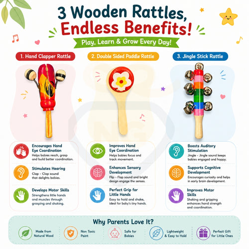 3 Pcs Wooden Baby Rattle Set – Handcrafted Sensory Toys for Babies