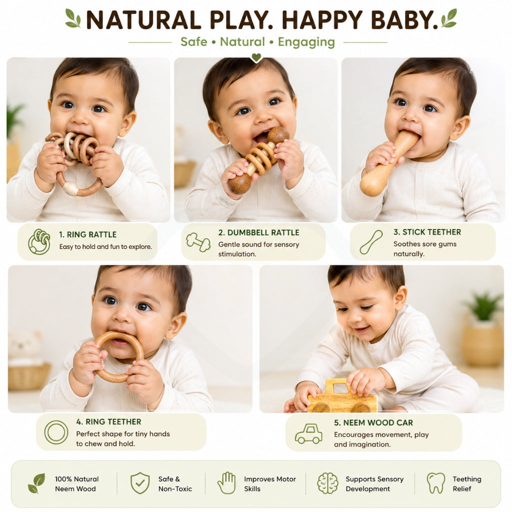 Wooden Baby Rattle & Teether Set – 5-Piece Natural Neem Wood Toy Combo