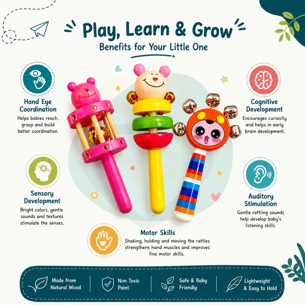 🧸3 Pcs wooden baby rattle gift set – Bell, Stack & Jingle Rattles