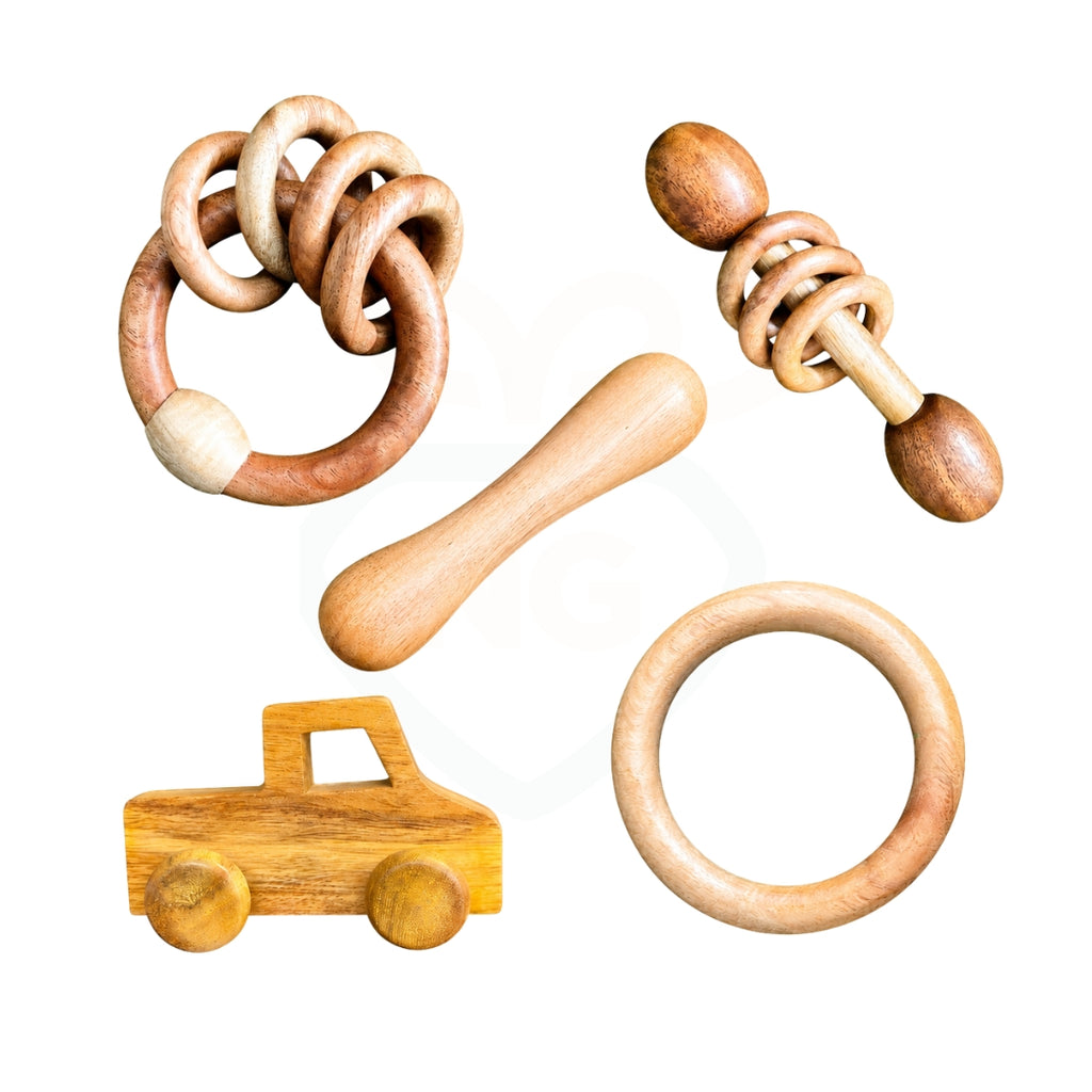 Wooden Baby Rattle & Teether Set – 5-Piece Natural Neem Wood Toy Combo