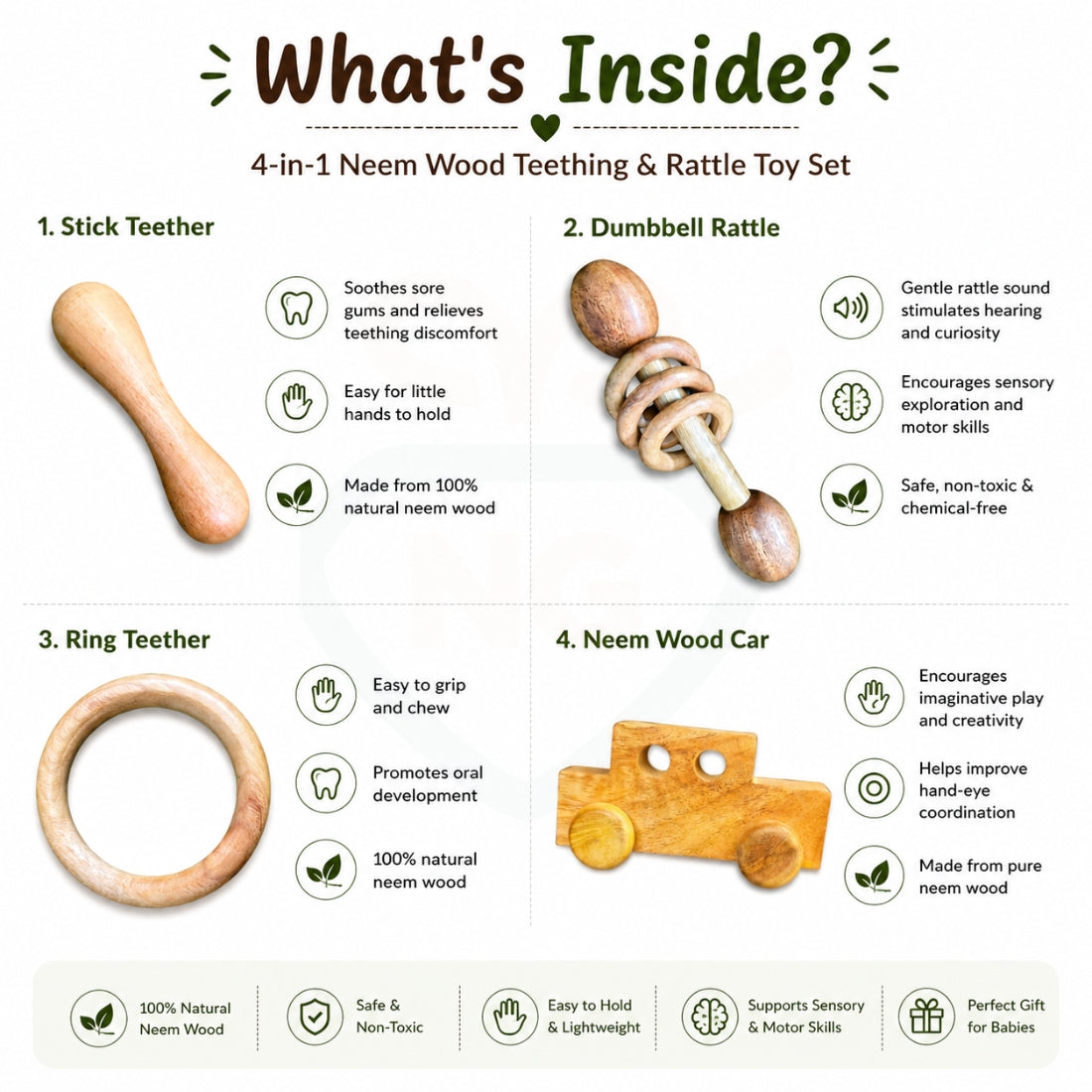 🧸4-in-1 Neem Wood Baby Teething & Rattle Toy Set – Natural Wooden Sensory Toys
