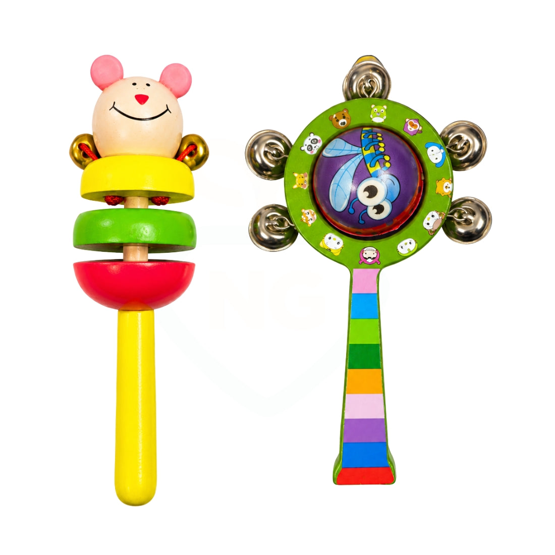 🧸2 Pcs Wooden Baby Rattle Set – Stack Rattle & Hand Bell Rattle