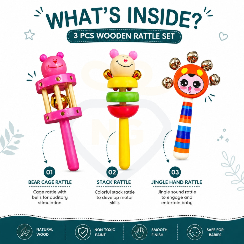 🧸3 Pcs wooden baby rattle gift set – Bell, Stack & Jingle Rattles