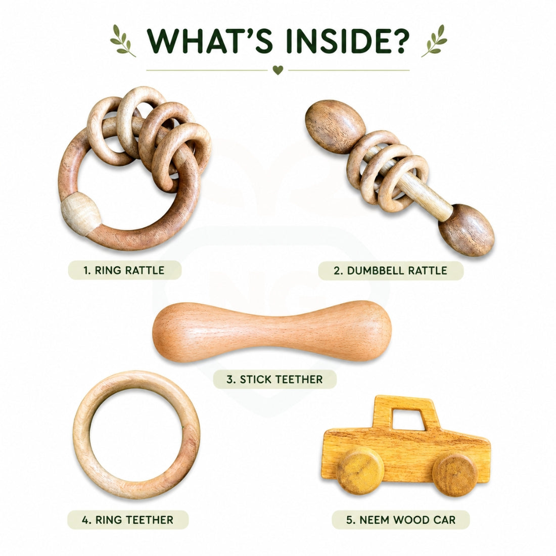 Wooden Baby Rattle & Teether Set – 5-Piece Natural Neem Wood Toy Combo