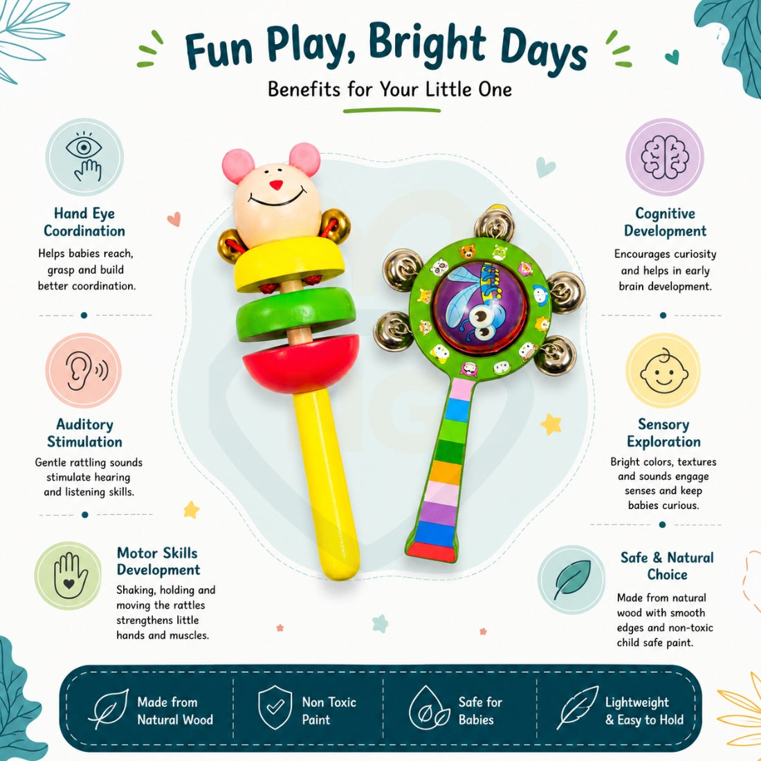 🧸2 Pcs Wooden Baby Rattle Set – Stack Rattle & Hand Bell Rattle