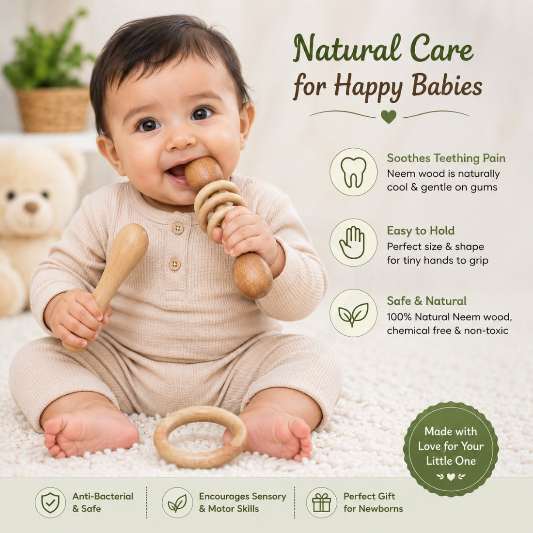 🧸Neem Wood Baby Teether & Rattle Set – 3-Piece Natural Wooden Teething Toy Combo