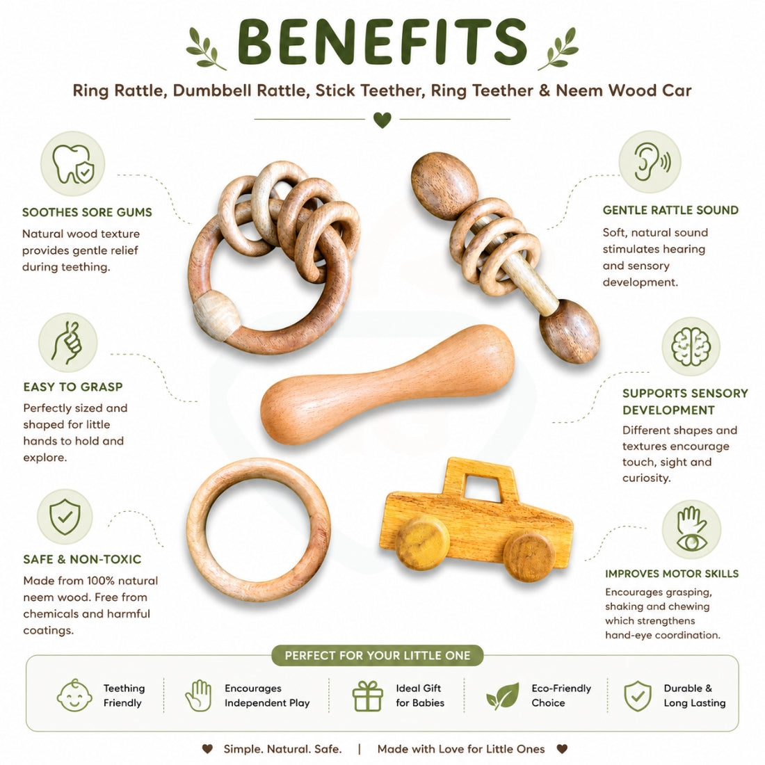 Wooden Baby Rattle & Teether Set – 5-Piece Natural Neem Wood Toy Combo