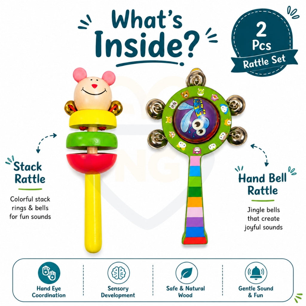 🧸2 Pcs Wooden Baby Rattle Set – Stack Rattle & Hand Bell Rattle
