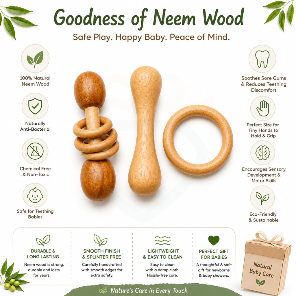 🧸Neem Wood Baby Teether & Rattle Set – 3-Piece Natural Wooden Teething Toy Combo