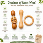 🧸Neem Wood Baby Teether & Rattle Set – 3-Piece Natural Wooden Teething Toy Combo
