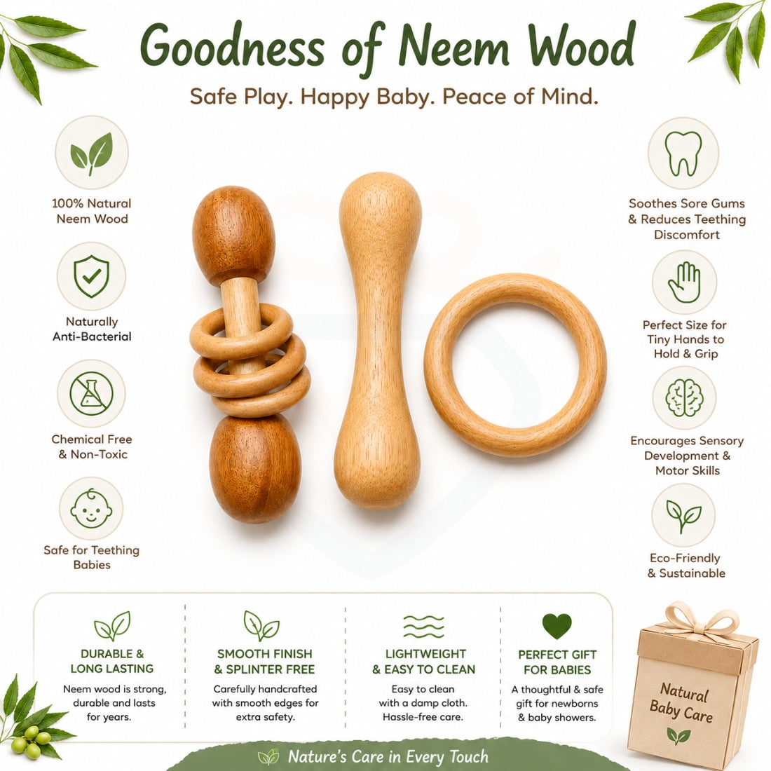 🧸Neem Wood Baby Teether & Rattle Set – 3-Piece Natural Wooden Teething Toy Combo