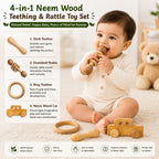 🧸4-in-1 Neem Wood Baby Teething & Rattle Toy Set – Natural Wooden Sensory Toys