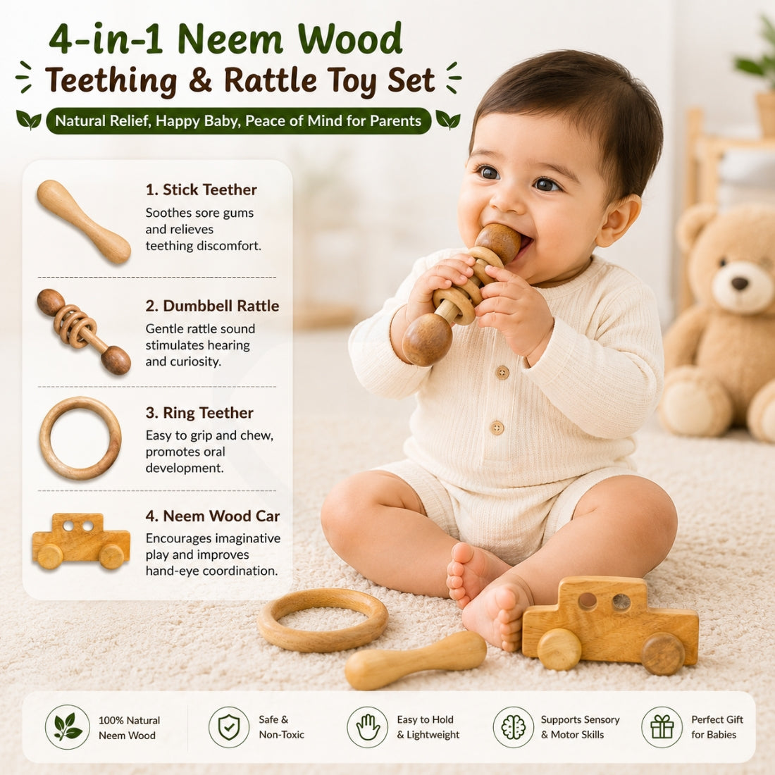 🧸4-in-1 Neem Wood Baby Teething & Rattle Toy Set – Natural Wooden Sensory Toys