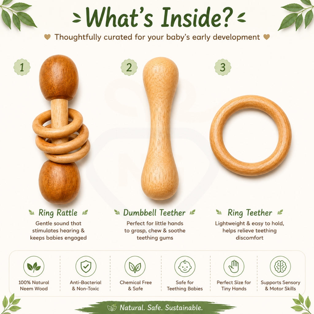 🧸Neem Wood Baby Teether & Rattle Set – 3-Piece Natural Wooden Teething Toy Combo