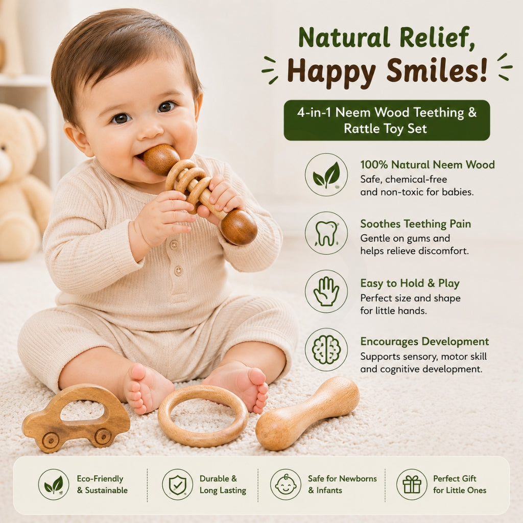 🧸4-in-1 Neem Wood Baby Teething & Rattle Toy Set – Natural Wooden Sensory Toys