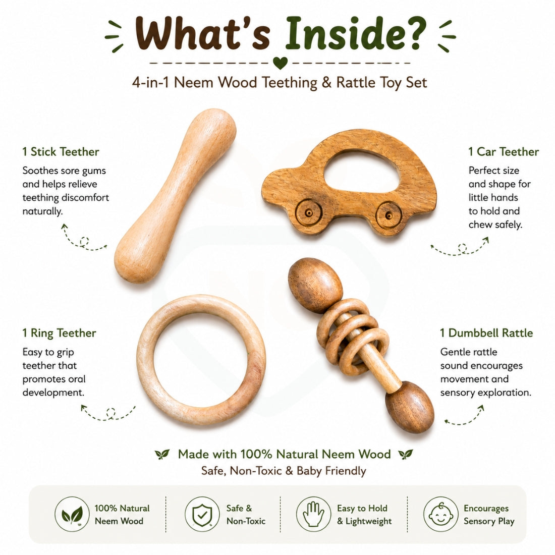 🧸4-in-1 Neem Wood Baby Teething & Rattle Toy Set – Natural Wooden Sensory Toys