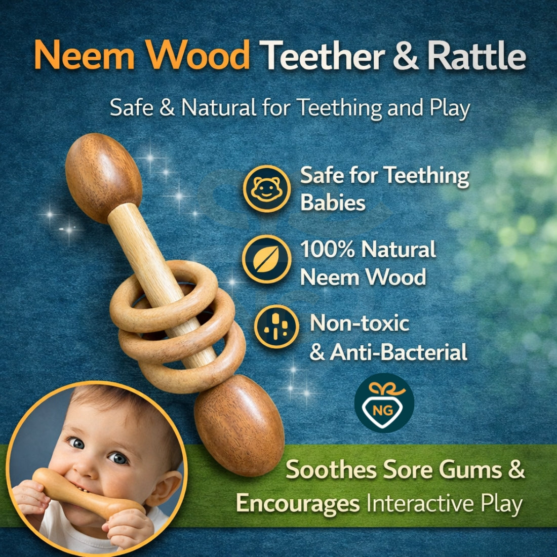 5 Pcs Wooden Baby Toy Combo – Neem Wood Teether, Ring Toys & Wooden Spoon
