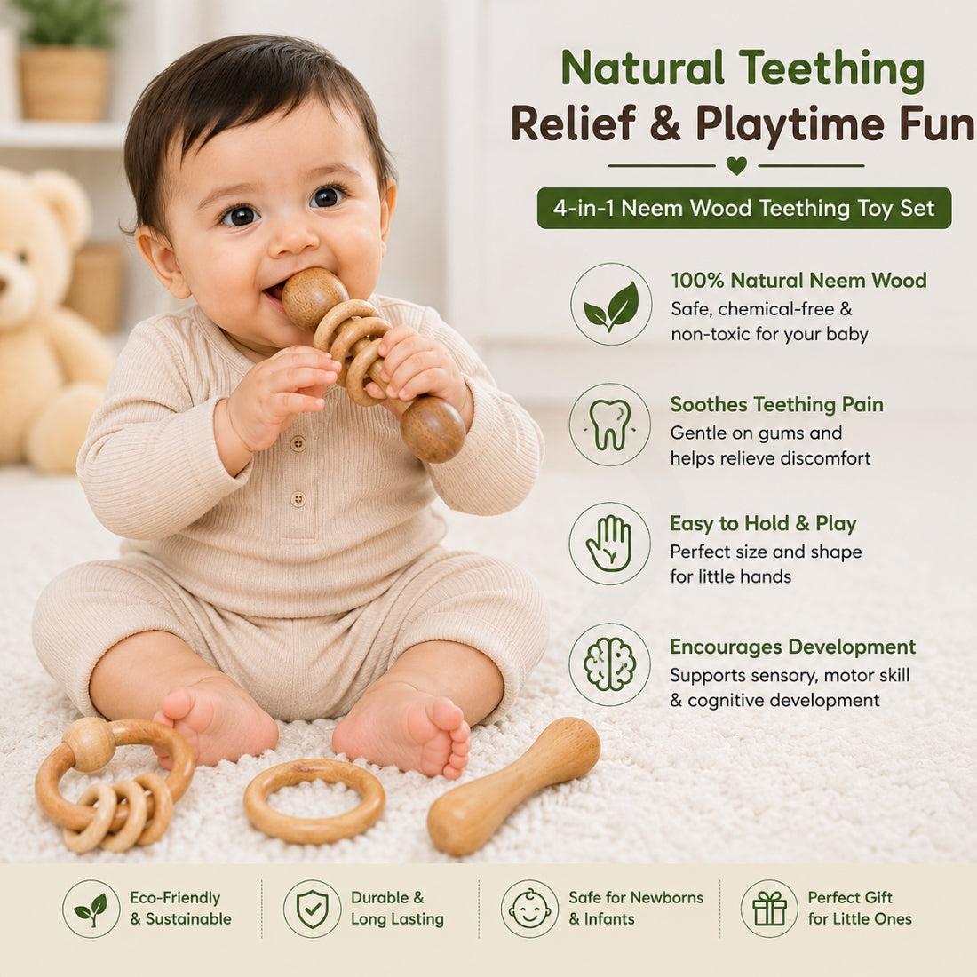 🧸4-Piece Neem Wood Baby Teething & Rattle Toy Set – Natural Wooden Baby Toys