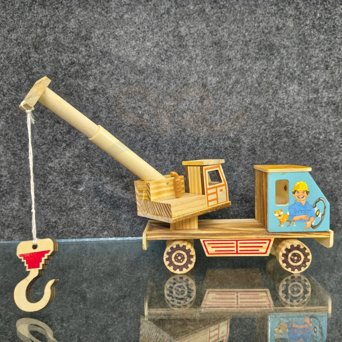 Handcrafted Wooden Crane Toy for Kids with Movable Arm & Hook
