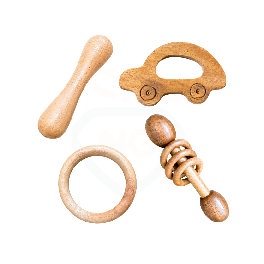 🧸4-in-1 Neem Wood Baby Teething & Rattle Toy Set – Natural Wooden Sensory Toys