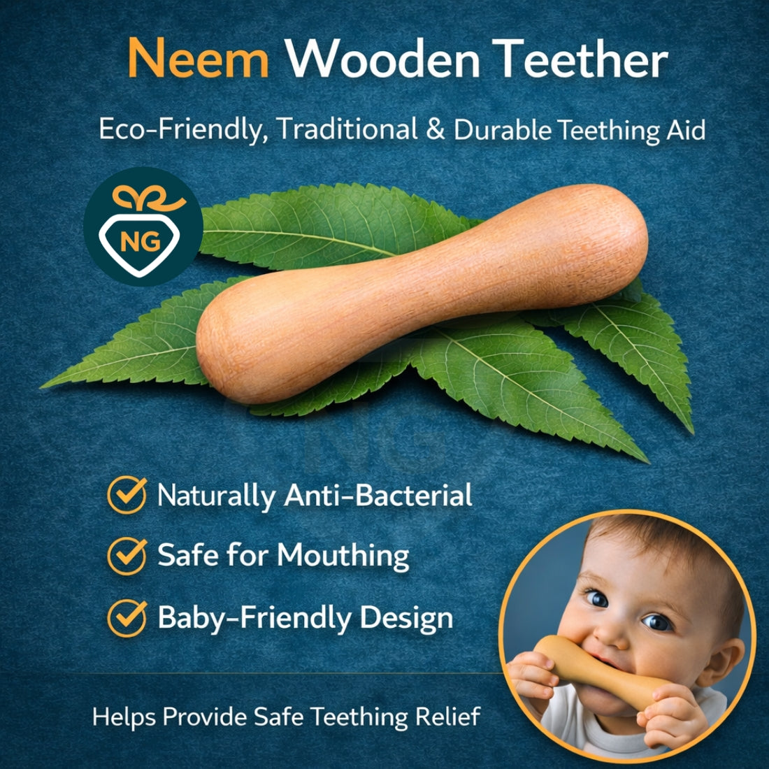 5 Pcs Wooden Baby Toy Combo – Neem Wood Teether, Ring Toys & Wooden Spoon