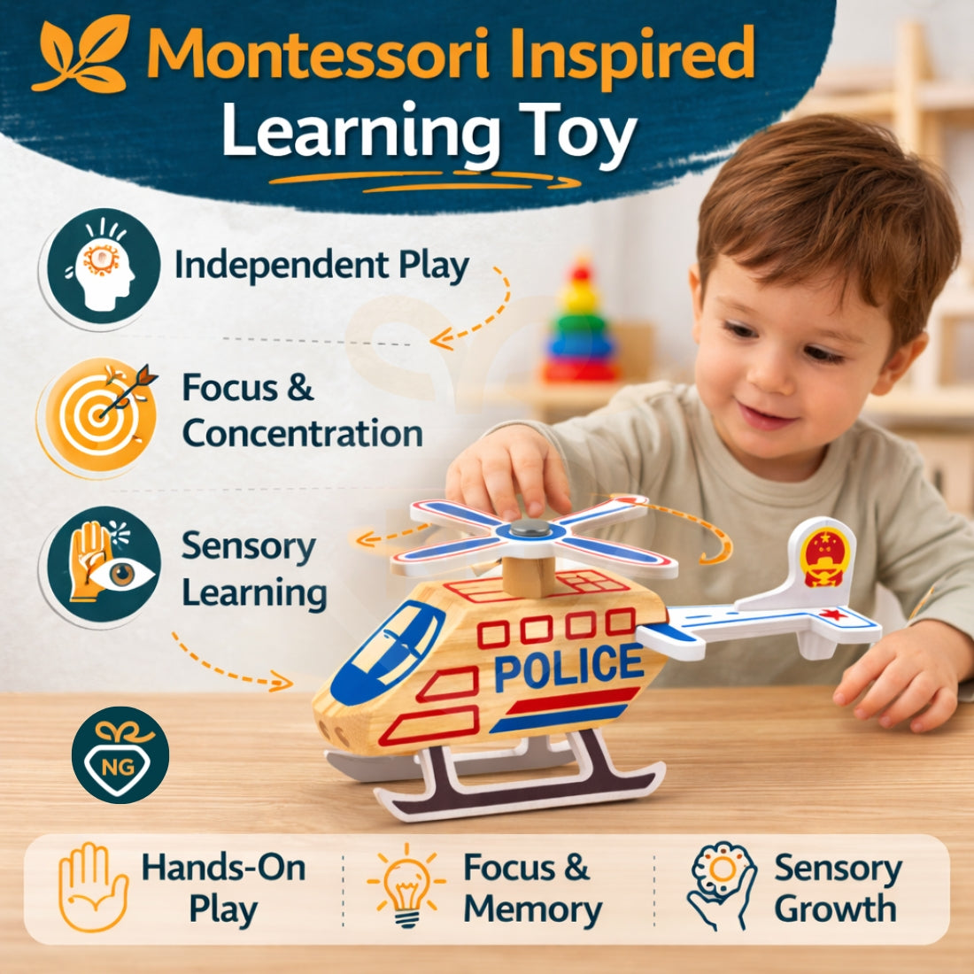 🚁Wooden Helicopter Learning Toy – Montessori-Inspired Educational Toy for Kids
