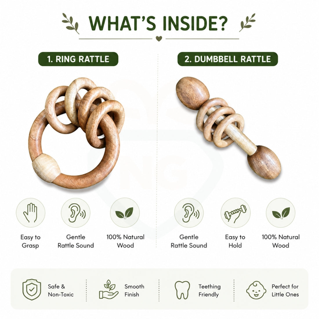 Wooden Baby Rattle Combo – Ring Rattle & Dumbbell Rattle | Natural Wood Baby Toy