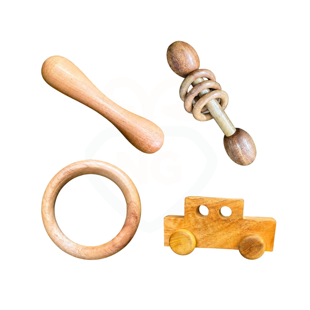 🧸4-in-1 Neem Wood Baby Teething & Rattle Toy Set – Natural Wooden Sensory Toys