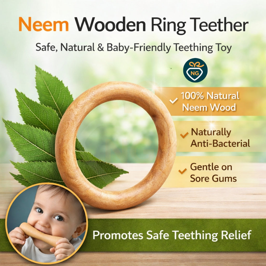 5 Pcs Wooden Baby Toy Combo – Neem Wood Teether, Ring Toys & Wooden Spoon