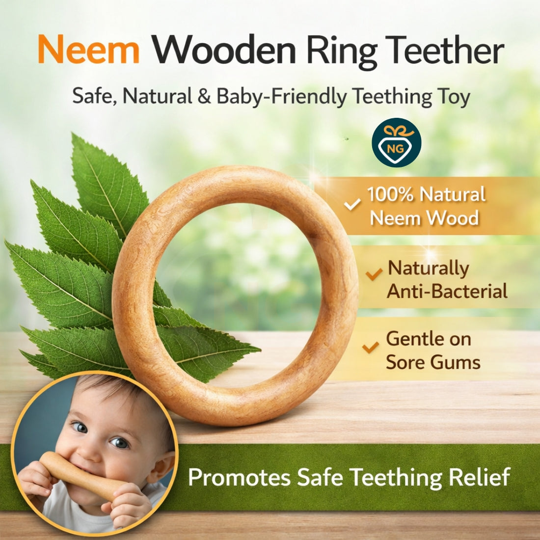 5 Pcs Wooden Baby Toy Combo – Neem Wood Teether, Ring Toys & Wooden Spoon