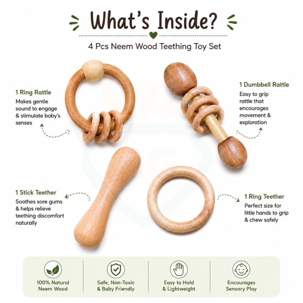🧸4-Piece Neem Wood Baby Teething & Rattle Toy Set – Natural Wooden Baby Toys