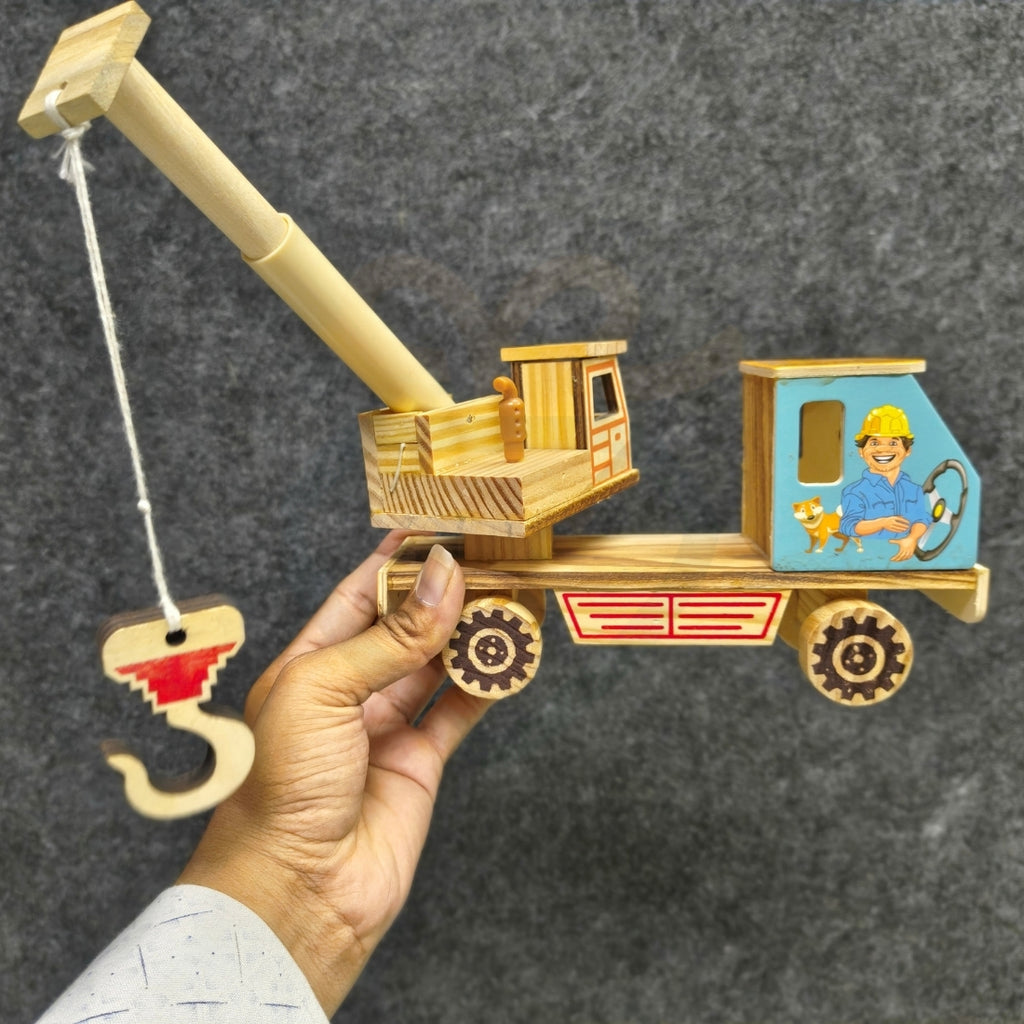 Handcrafted Wooden Crane Toy for Kids with Movable Arm & Hook