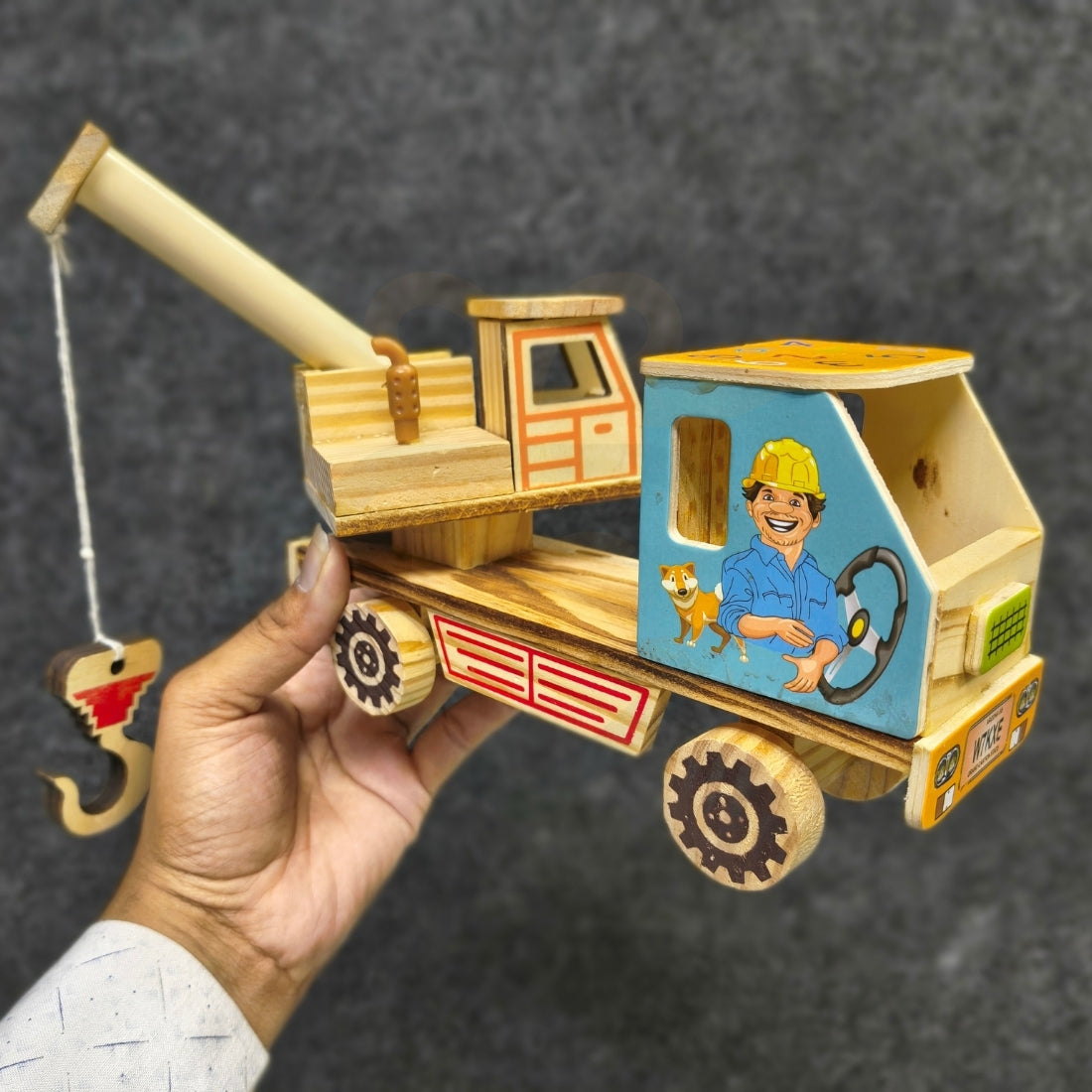 Handcrafted Wooden Crane Toy for Kids with Movable Arm & Hook